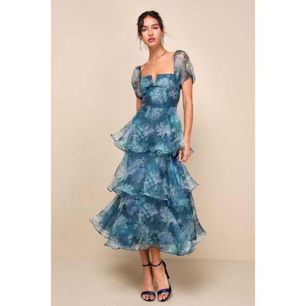 Lulus Darling Vision Teal Floral Organza Puff Sleeve Tiered Midi Dress Blue